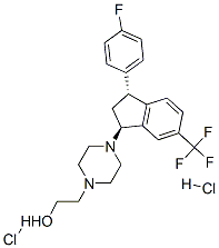 trans-4-[3-(4-fluorophenyl)-2,3-dihydro-6-(trifluoromethyl)-1H-inden-1-yl]piperazine-1-ethanol dihydrochloride Struktur