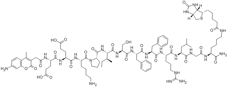 (7-AMINO-4-METHYLCOUMARIN-3-YL)ACETYL-GLU-GLU-LYS-PRO-ILE-SER-PHE-PHE-ARG-LEU-GLY-LYS(BIOTINYL)-NH2 Struktur