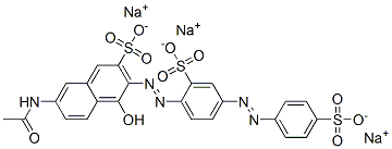 trisodium 7-acetamido-4-hydroxy-3-[[2-sulphonato-4-[(4-sulphonatophenyl)azo]phenyl]azo]naphthalene-2-sulphonate Struktur