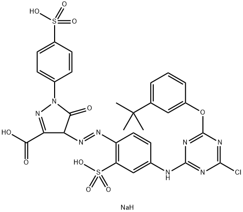 trisodium 4-[[4-[[6-(3-tert-butylphenoxy)- 4-chloro-1,3,5-triazin-2-yl]amino]-2-sulphonatophenyl]azo]-4,5-dihydro-5-oxo-1-(4-sulphonatophenyl)-1H-pyrazole-3-carboxylate Struktur