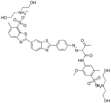 bis[bis(2-hydroxyethyl)ammonium] 2'-[4-[[1-[[(2-methoxy-5-methyl-4-sulphonatophenyl)amino]carbonyl]-2-oxopropyl]azo]phenyl]-6-methyl[2,6-dibenzothiazole]-7-sulphonate Struktur