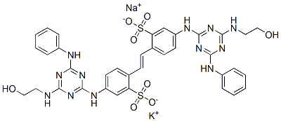 potassium sodium 4,4'-bis[[6-anilino-4-[(2-hydroxyethyl)amino]-1,3,5-triazin-2-yl]amino]stilbene-2,2'-disulphonate Struktur