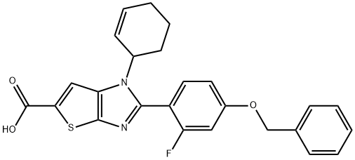 1H-Thieno[2,3-d]imidazole-5-carboxylic  acid,  1-(2-cyclohexen-1-yl)-2-[2-fluoro-4-(phenylmethoxy)phenyl]- Struktur