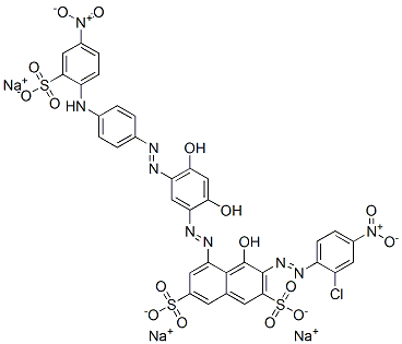 trisodium 3-[(2-chloro-4-nitrophenyl)azo]-5-[[2,4-dihydroxy-5-[[4-[(4-nitro-2-sulphonatophenyl)amino]phenyl]azo]phenyl]azo]-4-hydroxynaphthalene-2,7-disulphonate Struktur