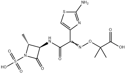 trans-2-[[[1-(2-aminothiazol-4-yl)-2-[(2-methyl-4-oxo-1-sulphoazetidin-3-yl)amino]-2-oxoethylidene]amino]oxy]-2-methylpropionic acid Struktur