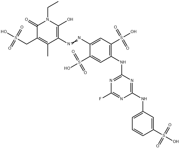 2-[[1-ethyl-1,6-dihydro-2-hydroxy-4-methyl-6-oxo-5-(sulphomethyl)-3-pyridyl]azo]-5-[[4-fluoro-6-[(3-sulphophenyl)amino]-1,3,5-triazin-2-yl]amino]benzene-1,4-disulphonic acid Struktur