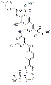 trisodium 5-[[4-chloro-6-[[4-(6-methyl-7-sulphonatobenzothiazol-2-yl)phenyl]amino]-1,3,5-triazin-2-yl]amino]-4-hydroxy-3-[(p-tolyl)azo]naphthalene-2,7-disulphonate Struktur