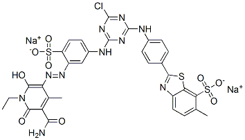 7-Benzothiazolesulfonic acid, 2-[4-[[4-[[3-[[5-(aminocarbonyl)-1-ethyl-1,6-dihydro-2-hydroxy-4-methyl-6-oxo-3-pyridinyl]azo]-4-sulfophenyl] amino]-6-chloro-1,3,5-triazin-2-yl]amino] phenyl]-6-methyl-, disodium salt Struktur