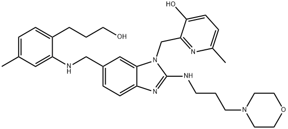 2-[[6-[[[2-(3-Hydroxypropyl)-5-methylphenyl]amino]methyl]-2-[[3-(morpholin-4-yl)propyl]amino]benzimidazol-1-yl]methyl]-6-methylpyridin-3-ol Struktur