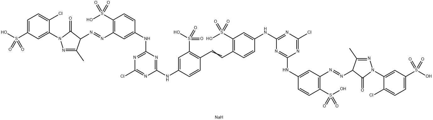 hexasodium 4,4'-bis[[4-chloro-6-[[3-[[1-(2-chloro-5-sulphonatophenyl)-4,5-dihydro-3-methyl-5-oxo-1H-pyrazol-4-yl]azo]-4-sulphonatophenyl]amino]-1,3,5-triazin-2-yl]amino]stilbene-2,2'-disulphonate Struktur