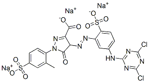 4-[[5-[(4,6-dichloro-1,3,5-triazin-2-yl)amino]-2-sulphophenyl]azo]-4,5-dihydro-1-(2-methyl-4-sulphophenyl)-5-oxo-1H-pyrazole-3-carboxylic acid, sodium salt Struktur