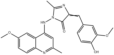 4H-Imidazol-4-one, 3,5-dihydro-5-((4-hydroxy-3-methoxyphenyl)methylene )-3-((6-methoxy-2-2-methyl-4-quinolinyl)amino)-2-methyl- Struktur