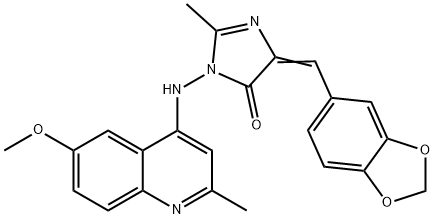 4H-Imidazol-4-one, 3,5-dihydro-5-(1,3-benzodioxol-5-ylmethylene)-3-((( 6-methoxy-2-methyl-4-quinolinyl)amino)-2-methyl- Struktur