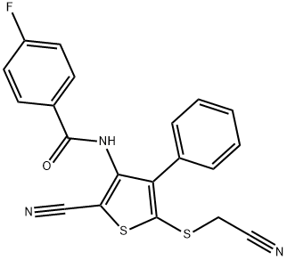 N-{2-cyano-5-[(cyanomethyl)sulfanyl]-4-phenyl-3-thienyl}-4-fluorobenzenecarboxamide Struktur