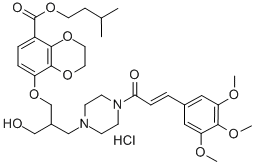 1,4-Benzodioxin-5-carboxylic acid, 2,3-dihydro-8-(2-(hydroxymethyl)-3- (4-(1-oxo-3-(3,4,5-trimethoxyphenyl)-2-propenyl)-1-piperazinyl)propoxy )-, 3-methylbutyl ester, monohydrochloride Struktur