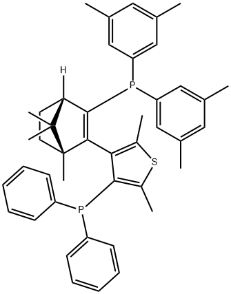 catASium(R)  T2(R),  3-{(1R,4S)-3-[Bis(3,5-dimethylphenyl)phosphanyl]-1,7,7-trimethylbicyclo[2.2.1]hept-2-en-2-yl}-4-diphenylphosphanyl-2,5-dimethylthiophene Struktur