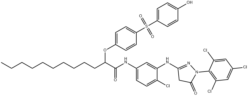 N-[4-chloro-3-[[4,5-dihydro-5-oxo-1-(2,4,6-trichlorophenyl)-1H-pyrazol-3-yl]amino]phenyl]-2-[4-[(4-hydroxyphenyl)sulphonyl]phenoxy]dodecanamide Struktur