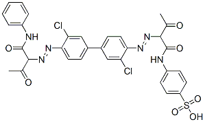 Benzenesulfonic acid,4-[[2-[[3,3'-dichloro-4'-[[2-oxo-1-[(phenylamino)carbonyl]propyl]azo][1,1'-biphenyl]-4-yl]azo]-1,3-dioxobutyl]amino]- Struktur