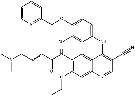 (E)-N-(4-(3-chloro-4-(pyridin-2-ylmethoxy)phenylamino)-3-cyano-7-ethoxyquinolin-6-yl)-4-(dimethylamino)but-2-enamide Struktur