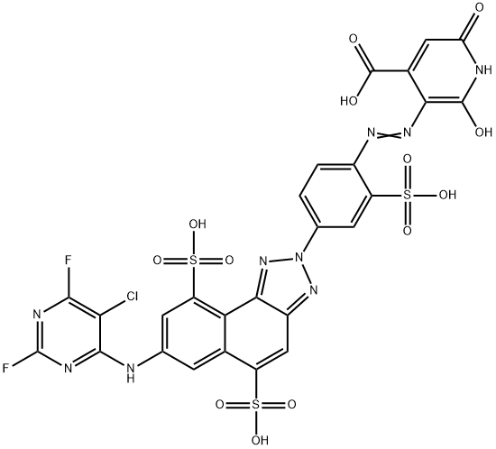 3-[[4-[7-[(5-Chloro-2,6-difluoro-4-pyrimidinyl)amino]-5,9-disulfo-2H-naphtho[1,2-d]triazol-2-yl]-2-sulfophenyl]azo]-1,2-dihydro-6-hydroxy-2-oxo-4-pyridinecarboxylic acid Struktur