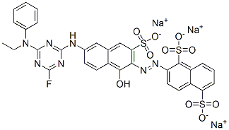 trisodium 2-[[6-[[4-(ethylphenylamino)-6-fluoro-1,3,5-triazin-2-yl]amino]-1-hydroxy-3-sulphonato-2-naphthyl]azo]naphthalene-1,5-disulphonate Struktur