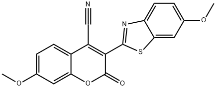 7-methoxy-3-(6-methoxybenzothiazol-2-yl)-2-oxo-2H-1-benzopyran-4-carbonitrile Struktur