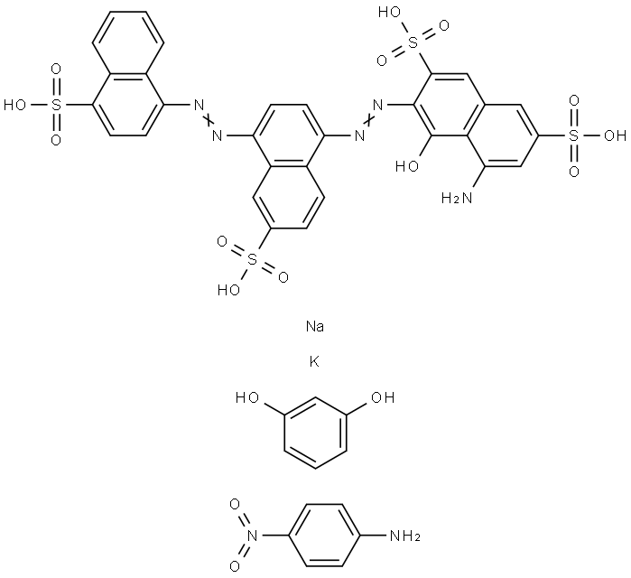 2,7-Naphthalenedisulfonic acid, 5-amino-4-hydroxy-3-[[6-sulfo-4-[(4-sulfo-1-naphthalenyl)azo]-1-naphthalenyl]azo]-, diazotized, coupled with diazotized 4-nitrobenzenamine and resorcinol, potassium sodium salts Struktur