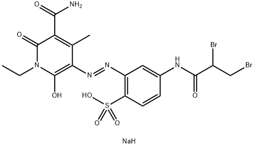 sodium 2-[[5-carbamoyl-1-ethyl-1,6-dihydro-2-hydroxy-4-methyl-6-oxo-3-pyridyl]azo]-4-[(2,3-dibromo-1-oxopropyl)amino]benzenesulphonate Struktur