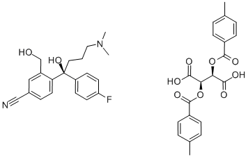 4-[(1S)-(4-Dimethylamino)-1-(4-fluotophenyl)-1-hydroxybutyl]-3-(hydroxymethyl)benzonitrile (2R,3R)-2,3-bis[(4-methylbenzoyl)oxy]butanedioic acid Struktur