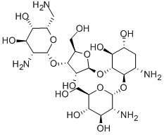 4-O-(2-Amino-2-deoxy-α-D-glucopyranosyl)-5-O-[3-O-(2,6-diamino-2,6-dideoxy-β-L-idopyranosyl)-β-D-ribofuranosyl]-3-amino-2,3-dideoxy-D-myo-inositol Struktur