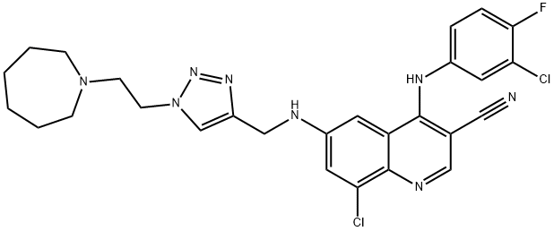 8-Chloro-4-[(3-chloro-4-fluorophenyl)amino]-6-[[[1-[2-(hexahydro-1H-azepin-1-yl)ethyl]-1H-1,2,3-triazol-4-yl]methyl]amino]-3-Quinolinecarbonitrile Struktur