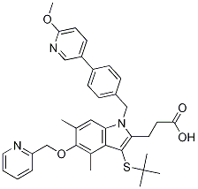 1H-Indole-2-propanoic acid, 3-[(1,1-diMethylethyl)thio]-1-[[4-(6-Methoxy-3-pyridinyl)phenyl]Methyl]-,-diMethyl-5-(2-pyridinylMethoxy)- Struktur