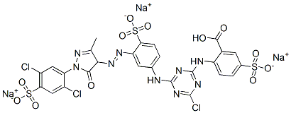 trisodium hydrogen 2-[[4-chloro-6-[[3-[[1-(2,5-dichloro-4-sulphonatophenyl)-4,5-dihydro-3-methyl-5-oxo-1H-pyrazol-4-yl]azo]-4-sulphonatophenyl]amino]-1,3,5-triazin-2-yl]amino]-5-sulphonatobenzoate Struktur