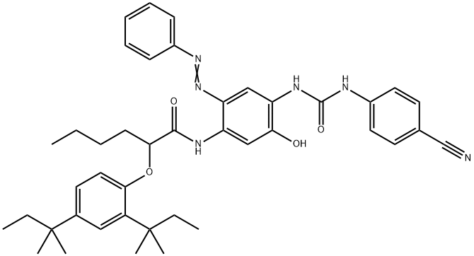 2-[2,4-bis(1,1-dimethylpropyl)phenoxy]-N-[4-[[[(4-cyanophenyl)amino]carbonyl]amino]-5-hydroxy-2-(phenylazo)phenyl]hexanamide Struktur