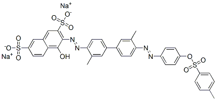 3-[[3,3'-dimethyl-4'-[[4-[[(p-tolyl)sulphonyl]oxy]phenyl]azo][1,1'-biphenyl]-4-yl]azo]-4-hydroxynaphthalene-2,7-disulphonic acid, sodium salt Struktur