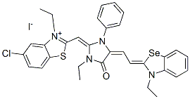 5-chloro-3-ethyl-2-[[1-ethyl-4-[(3-ethyl-3H-benzoselenazol-2-ylidene)ethylidene]-5-oxo-3-phenylimidazolidin-2-ylidene]methyl]benzothiazolium iodide Struktur