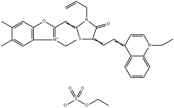 ethyl 2-[[3-allyl-5-[(1-ethyl-1H-quinolin-4-ylidene)ethylidene]-4-oxothiazolidin-2-ylidene]methyl]-3-ethyl-5,6-dimethylbenzoxazolium sulphate Struktur