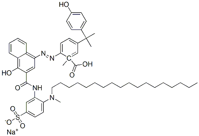 sodium 1-methyl 2-[[4-hydroxy-3-[[[2-(methyloctadecylamino)-5-sulphonatophenyl]amino]carbonyl]-1-naphthyl]azo]-5-[1-(4-hydroxyphenyl)-1-methylethyl]benzoate Struktur