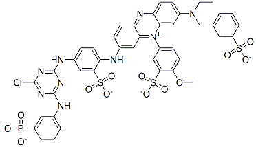 trihydrogen 3-[[4-[[4-chloro-6-[(3-phosphonatophenyl)amino]-1,3,5-triazin-2-yl]amino]-2-sulphonatophenyl]amino]-7-[ethyl[(3-sulphonatophenyl)methyl]amino]-5-(4-methoxy-3-sulphonatophenyl)phenazinium  Struktur