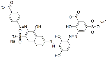 disodium 6-[[2,6-dihydroxy-3-[(2-hydroxy-3-nitro-5-sulphonatophenyl)azo]phenyl]azo]-4-hydroxy-3-[(4-nitrophenyl)azo]naphthalene-2-sulphonate Struktur