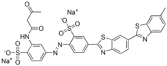 sodium 2-acetoacetylamino-4-[[4-(6-methyl[2,6'-dibenzothiazol]-2'-yl)-2-sulphophenyl]azo]benzenesulphonate Struktur