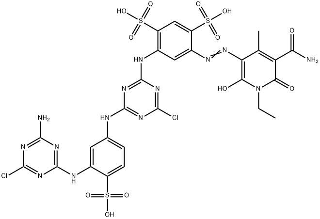 1,3-Benzenedisulfonic acid, 4-[[5-(aminocarbonyl)-1-ethyl-1,6-dihydro-2-hydroxy-4-methyl-6-oxo-3-pyridinyl]azo]-6-[[4-[[3-[(4-amino-6-chloro-1,3,5-triazin-2-yl)amino]-4-sulfophenyl]amino]-6-chloro-1,3,5-triazin-2-yl]amino]- Struktur