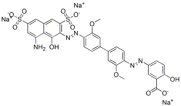 trisodium 5-[[4'-[(8-amino-1-hydroxy-3,6-disulphonato-2-naphthyl)azo]-3,3'-dimethoxy[1,1'-biphenyl]-4-yl]azo]salicylate Struktur