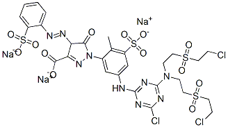 trisodium 1-[5-[[4-[bis[2-[(2-chloroethyl)sulphonyl]ethyl]amino]-6-chloro-1,3,5-triazin-2-yl]amino]-2-methyl-3-sulphonatophenyl]-4,5-dihydro-5-oxo-4-[(2-sulphonatophenyl)azo]-1H-pyrazole-3-carboxylate Struktur