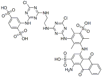 1,4-Benzenedisulfonic acid, 2-[[4-[[2-[[4-[[3-[(4-amino-9,10-dihydro-9,10-dioxo-3-sulfo-1-anthracenyl)amino]-2,4,6-trimethyl-5-sulfophenyl]amino]-6-chloro-1,3,5-triazin-2-yl]amino]ethyl]amino]-6-chloro-1,3,5-triazin-2-yl]amino]- Struktur