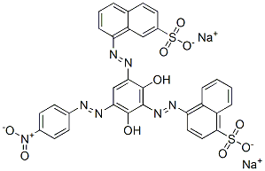 4-[[2,6-dihydroxy-3-[(4-nitrophenyl)azo]-5-[(7-sulpho-1-naphthyl)azo]phenyl]azo]naphthalene-1-sulphonic acid, sodium salt Struktur