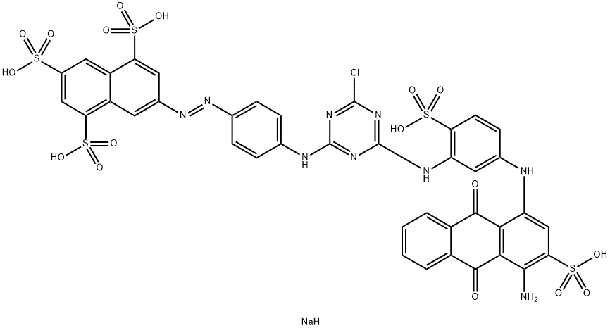 pentasodium 7-[[4-[[4-[[5-[(4-amino-9,10-dihydro-9,10-dioxo-3-sulphonato-1-anthryl)amino]-2-sulphonatophenyl]amino]-6-chloro-1,3,5-triazin-2-yl]amino]phenyl]azo]naphthalene-1,3,5-trisulphonate Struktur