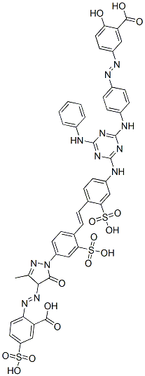 Benzoic acid, 2-[[1-[4-[2-[4-[[4-[[4-[(3-carboxy-4-hydroxyphenyl)azo]phenyl]amino]-6-(phenylamino)-1,3,5-triazin-2-yl]amino]-2-sulfophenyl]ethenyl]-3-sulfophenyl]-4,5-dihydro-3-methyl-5-oxo-1H-pyrazol-4-yl]azo]-5-sulfo- Struktur