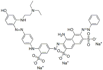 trisodium 4-amino-3-[[4-[[4-[[2-[[2-(diethylamino)ethyl]amino]-4-hydroxyphenyl]azo]phenyl]amino]-3-sulphonatophenyl]azo]-5-hydroxy-6-(phenylazo)naphthalene-2,7-disulphonate  Struktur