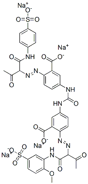 5-[[[3-carboxy-4-[[1-[(2-methoxy-5-sulphoanilino)carbonyl]-2-oxopropyl]azo]anilino]carbonyl]amino]-2-[[2-oxo-1-[(4-sulphoanilino)carbonyl]propyl]azo]benzoic acid, sodium salt Struktur